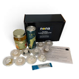 Nona 36 Hour Fasting Support Kit displayed on a white background, including a black branded box, a jar, a canister, several small round containers, a tube, and a printed sheet.
